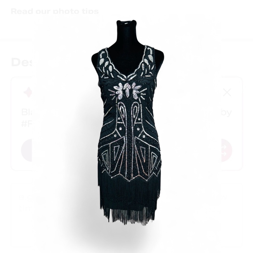 BABEYOND Black and Silve Flapper Beaded Mini Dress 1920s Fringed Great Grataby .